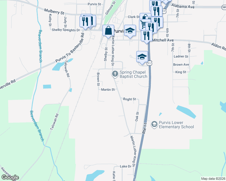 map of restaurants, bars, coffee shops, grocery stores, and more near 23 Martin Street in Purvis