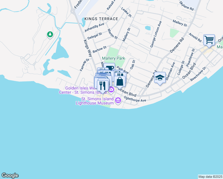 map of restaurants, bars, coffee shops, grocery stores, and more near in St. Simons