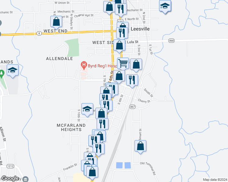 map of restaurants, bars, coffee shops, grocery stores, and more near 903 South 5th Street in Leesville