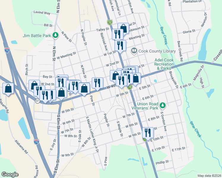 map of restaurants, bars, coffee shops, grocery stores, and more near 101 South Maple Street in Adel