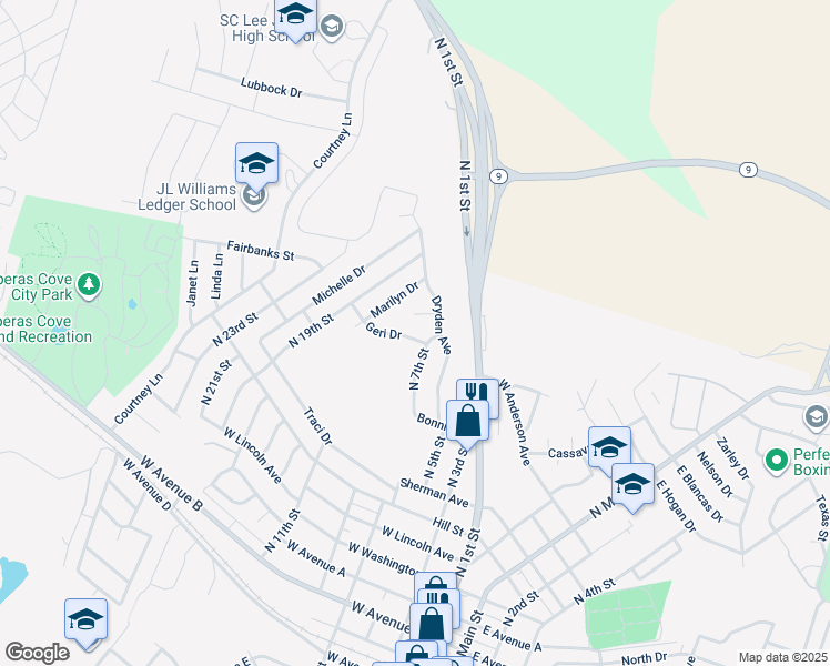 map of restaurants, bars, coffee shops, grocery stores, and more near 506 Geri Drive in Copperas Cove
