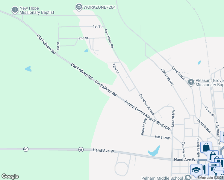 map of restaurants, bars, coffee shops, grocery stores, and more near 1517 Old Pelham Road in Pelham