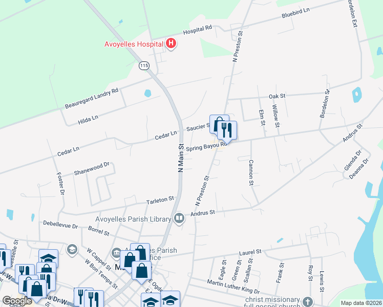 map of restaurants, bars, coffee shops, grocery stores, and more near 100-198 Spring Bayou Road in Marksville