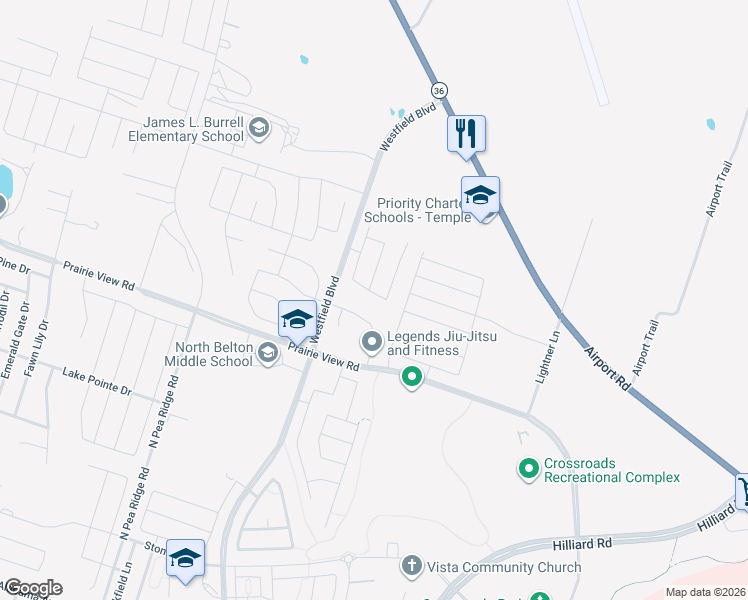 map of restaurants, bars, coffee shops, grocery stores, and more near 7526 Broadmoor Cove in Temple