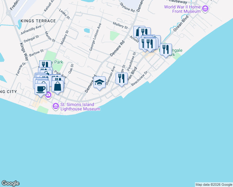 map of restaurants, bars, coffee shops, grocery stores, and more near 5126 West Neptune Way in St. Simons Island