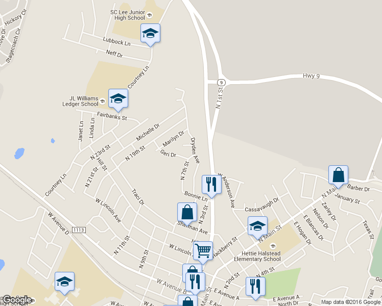 map of restaurants, bars, coffee shops, grocery stores, and more near 1001 Dryden Avenue in Copperas Cove