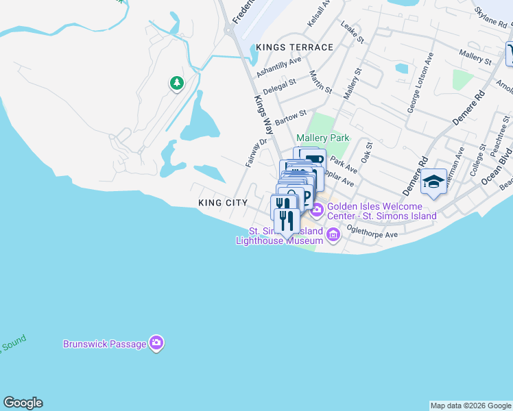 map of restaurants, bars, coffee shops, grocery stores, and more near 107 Georgia Street in St. Simons Island