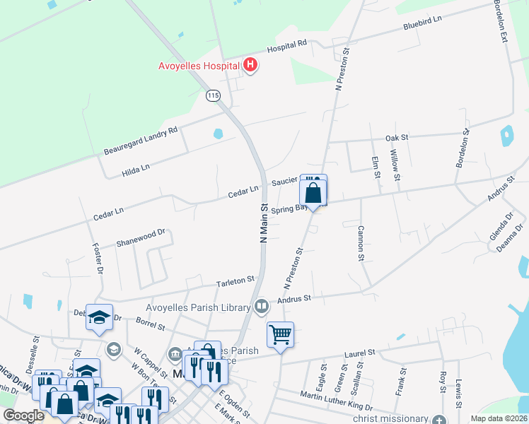 map of restaurants, bars, coffee shops, grocery stores, and more near 100 Spring Bayou Road in Marksville