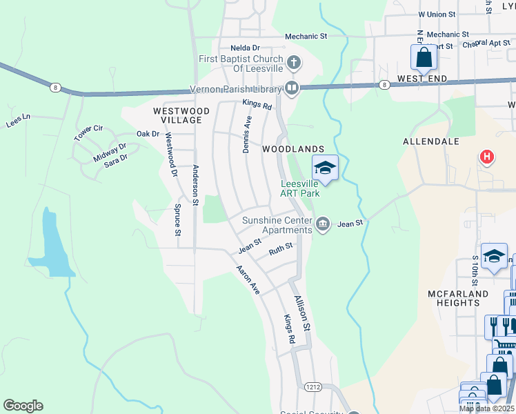 map of restaurants, bars, coffee shops, grocery stores, and more near 2103 Douglas Street in Leesville