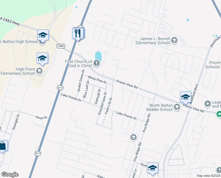 map of restaurants, bars, coffee shops, grocery stores, and more near 1402 Fawn Lily Drive in Temple