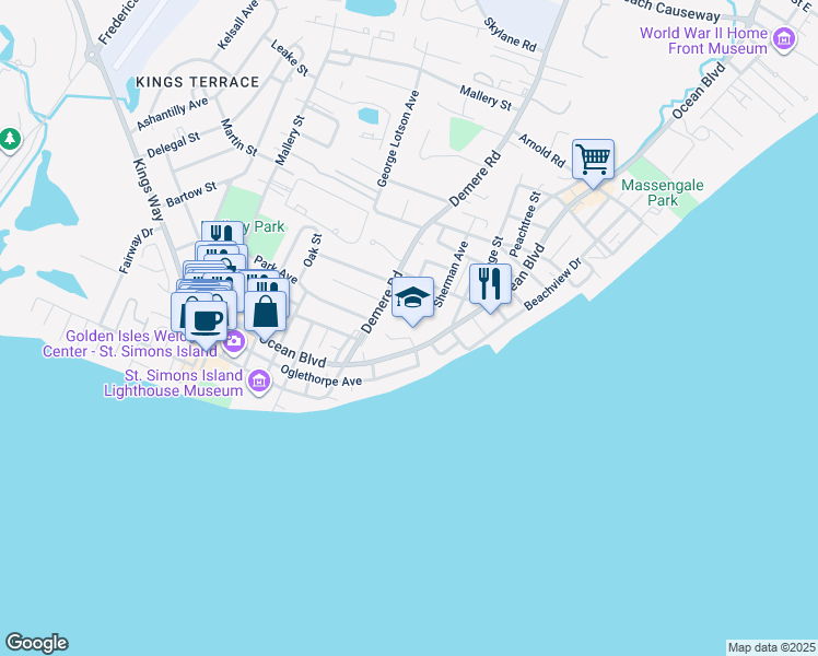 map of restaurants, bars, coffee shops, grocery stores, and more near 805 Ocean Boulevard in St. Simons Island