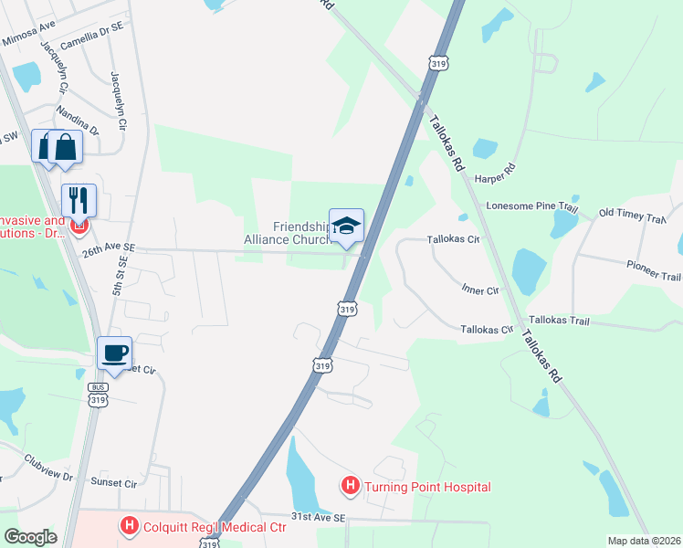 map of restaurants, bars, coffee shops, grocery stores, and more near 654 26th Avenue Southeast in Moultrie