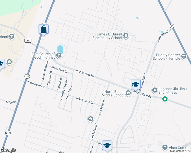 map of restaurants, bars, coffee shops, grocery stores, and more near 1505 North Pea Ridge Road in Temple