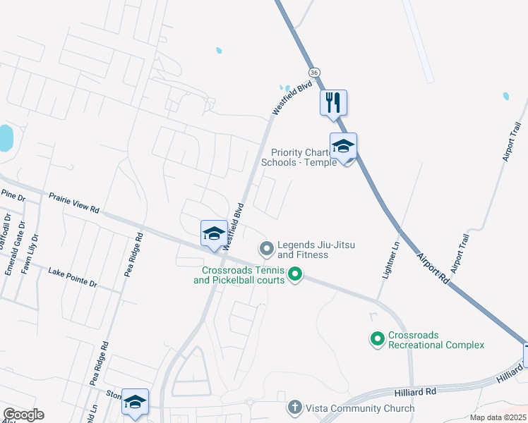 map of restaurants, bars, coffee shops, grocery stores, and more near 7600 Prairie View Road in Temple