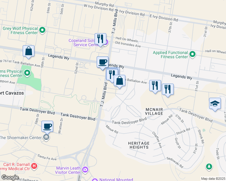 map of restaurants, bars, coffee shops, grocery stores, and more near 18010 T.J. Mills Boulevard in Fort Hood