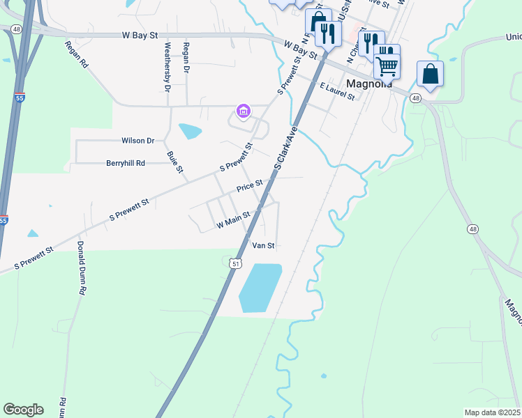 map of restaurants, bars, coffee shops, grocery stores, and more near 110 East Main Street in Magnolia