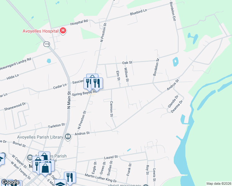 map of restaurants, bars, coffee shops, grocery stores, and more near 719-799 Cannon Street in Marksville