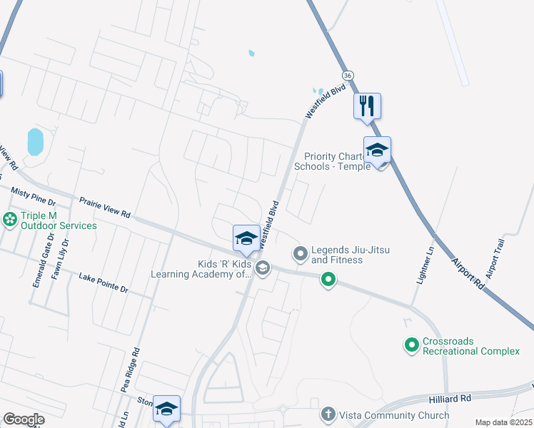 map of restaurants, bars, coffee shops, grocery stores, and more near 1700 Westfield Boulevard in Temple