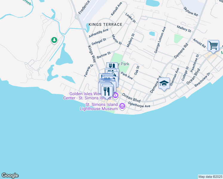map of restaurants, bars, coffee shops, grocery stores, and more near 444 Ocean Boulevard in St. Simons Island