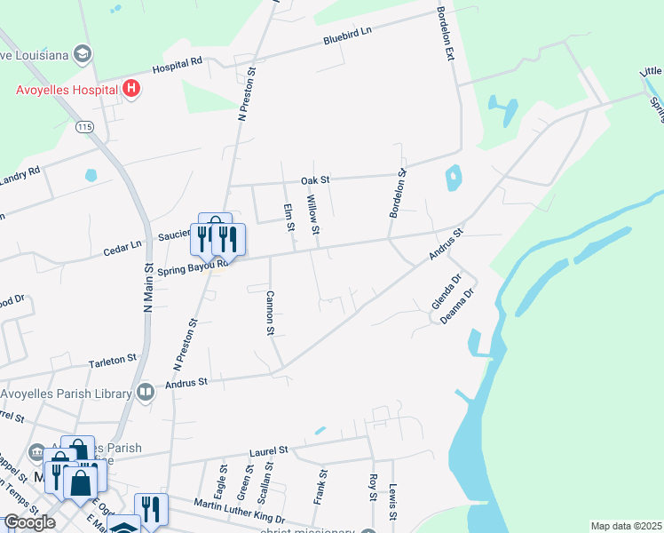 map of restaurants, bars, coffee shops, grocery stores, and more near 408-494 Spring Bayou Road in Marksville