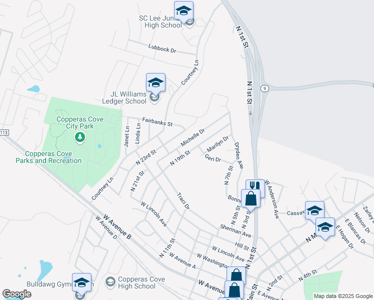map of restaurants, bars, coffee shops, grocery stores, and more near 805 North 19th Street in Copperas Cove