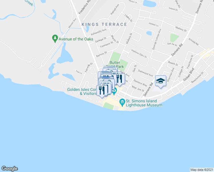 map of restaurants, bars, coffee shops, grocery stores, and more near 444 Ocean Boulevard in St. Simons Island