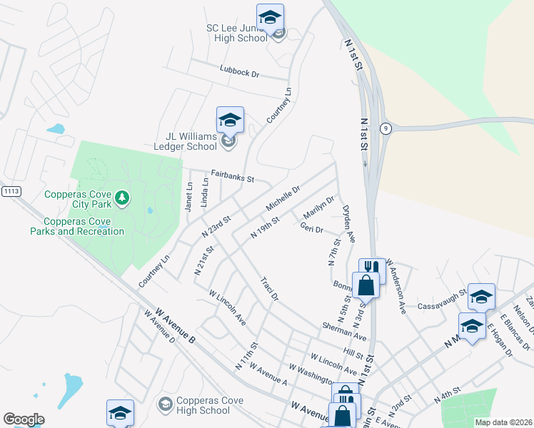 map of restaurants, bars, coffee shops, grocery stores, and more near 807 Michelle Drive in Copperas Cove