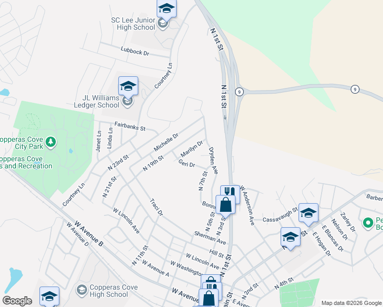 map of restaurants, bars, coffee shops, grocery stores, and more near 907 Marilyn Drive in Copperas Cove