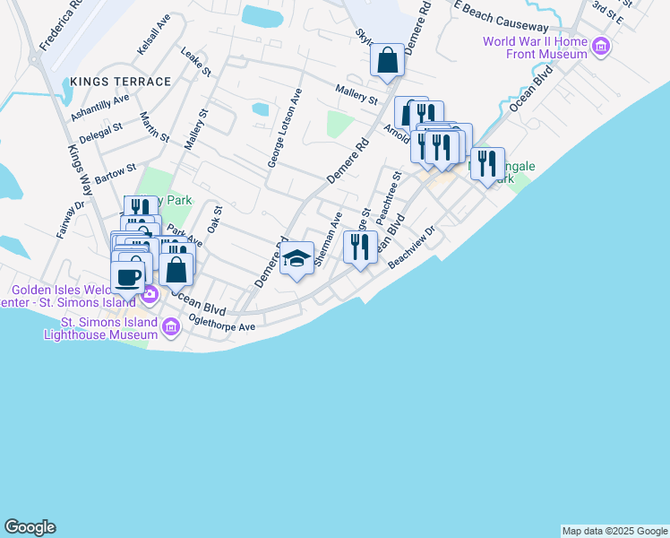 map of restaurants, bars, coffee shops, grocery stores, and more near 911 Ocean Boulevard in St. Simons Island