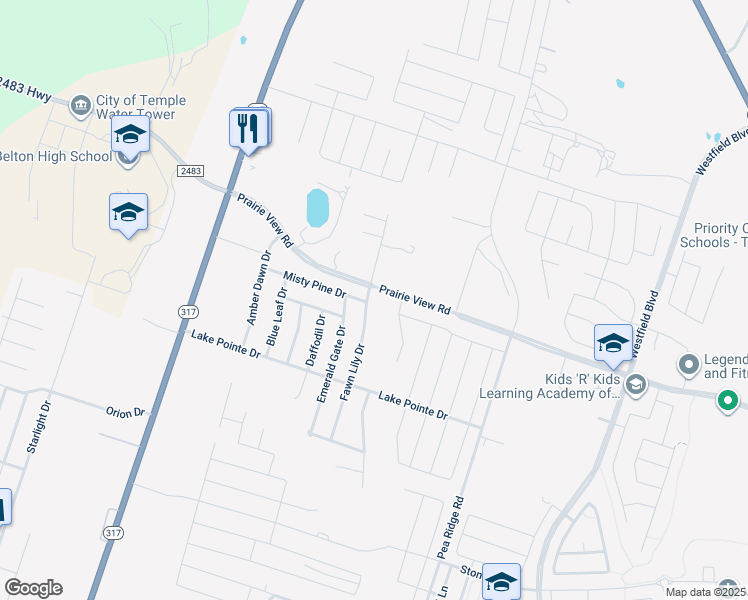 map of restaurants, bars, coffee shops, grocery stores, and more near 1427 Fawn Lily Drive in Temple