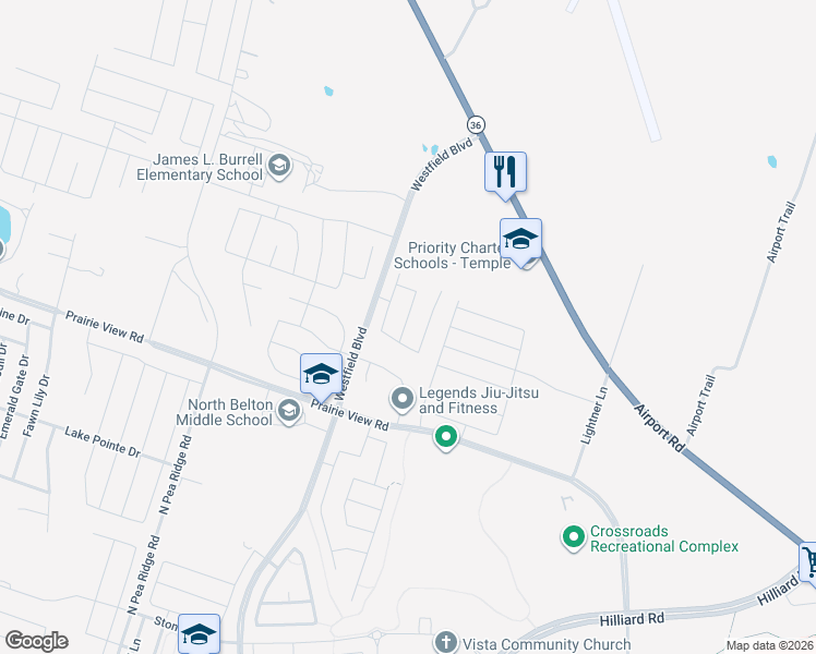map of restaurants, bars, coffee shops, grocery stores, and more near 7600 Prairie View Road in Temple