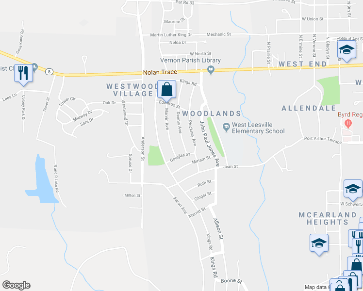 map of restaurants, bars, coffee shops, grocery stores, and more near 1100 Dennis Avenue in Leesville