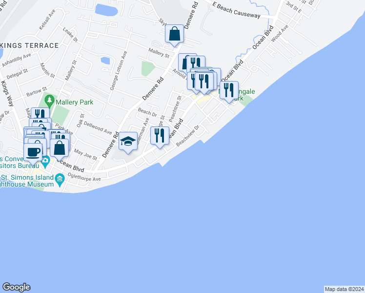map of restaurants, bars, coffee shops, grocery stores, and more near 2204 Brighton Place in St. Simons Island