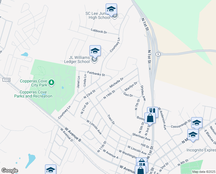 map of restaurants, bars, coffee shops, grocery stores, and more near 807 Michelle Drive in Copperas Cove