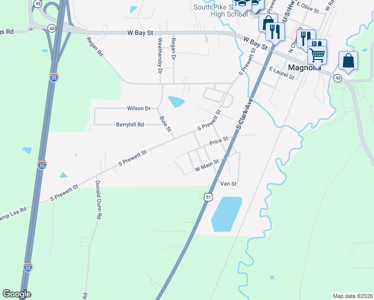 map of restaurants, bars, coffee shops, grocery stores, and more near 450 Price Street in Magnolia