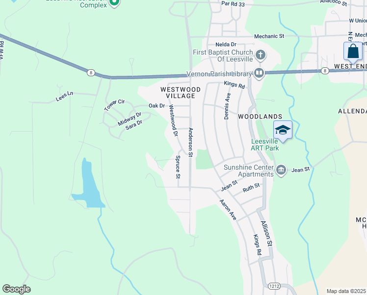 map of restaurants, bars, coffee shops, grocery stores, and more near 1057 Westwood Drive in Leesville