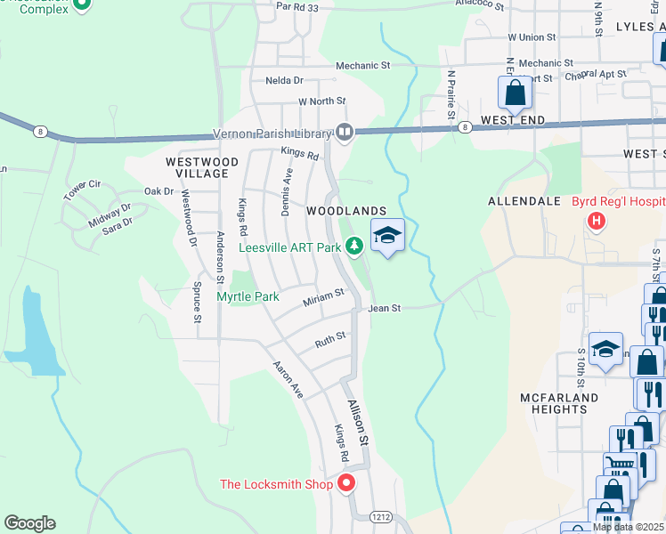 map of restaurants, bars, coffee shops, grocery stores, and more near 1100 John Paul Jones Avenue in Leesville
