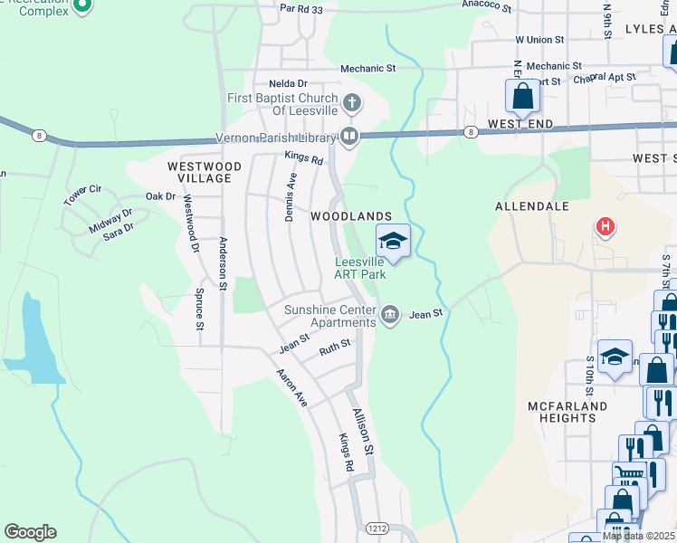 map of restaurants, bars, coffee shops, grocery stores, and more near 1103 Pinckney Avenue in Leesville