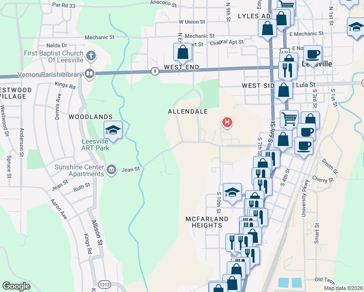 map of restaurants, bars, coffee shops, grocery stores, and more near 1217 Port Arthur Terrace in Leesville