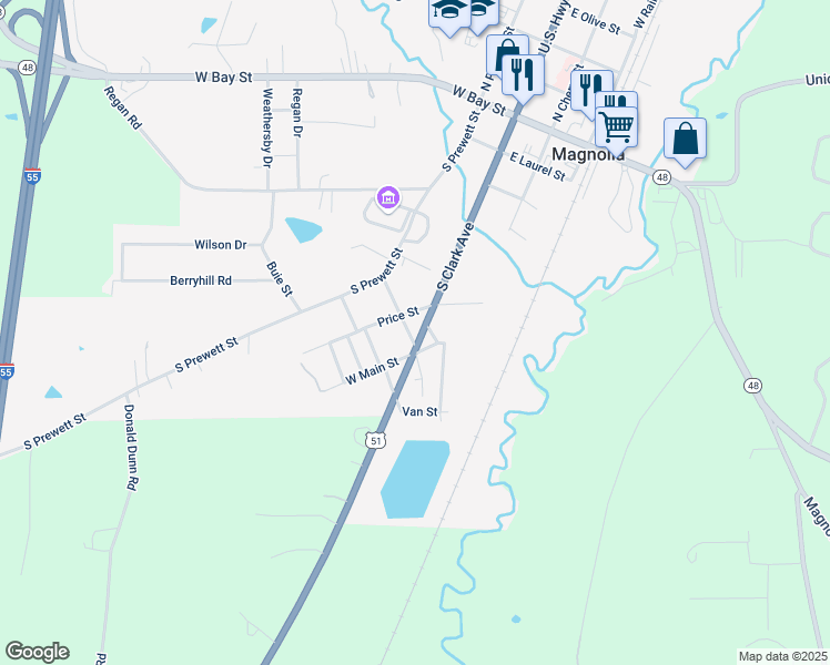 map of restaurants, bars, coffee shops, grocery stores, and more near 110-198 East Main Street in Magnolia