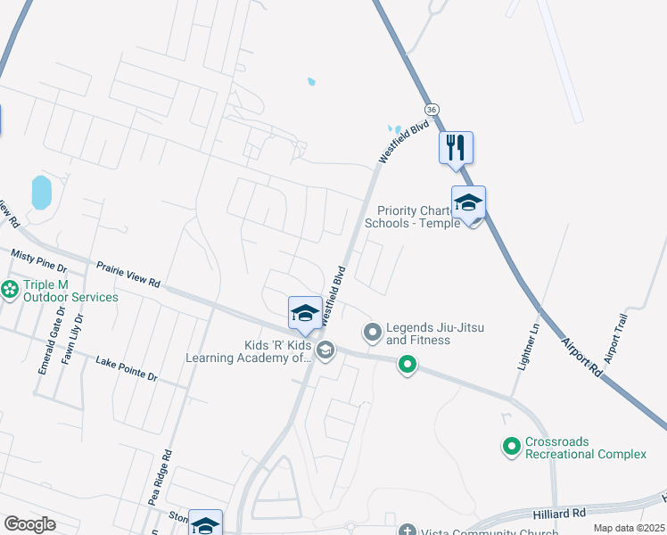map of restaurants, bars, coffee shops, grocery stores, and more near 1700 Westfield Boulevard in Temple