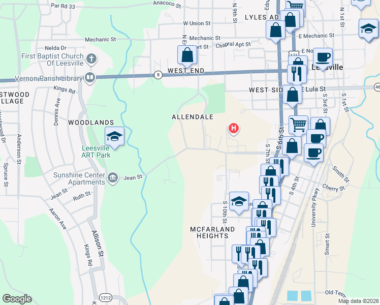 map of restaurants, bars, coffee shops, grocery stores, and more near 1217 Port Arthur Terrace in Leesville