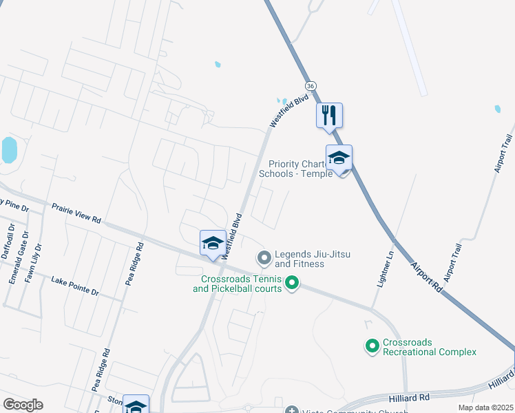 map of restaurants, bars, coffee shops, grocery stores, and more near 7600 Prairie View Road in Temple