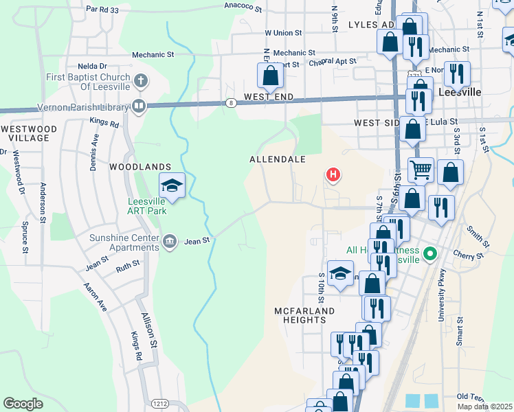 map of restaurants, bars, coffee shops, grocery stores, and more near 1219 Port Arthur Terrace in Leesville
