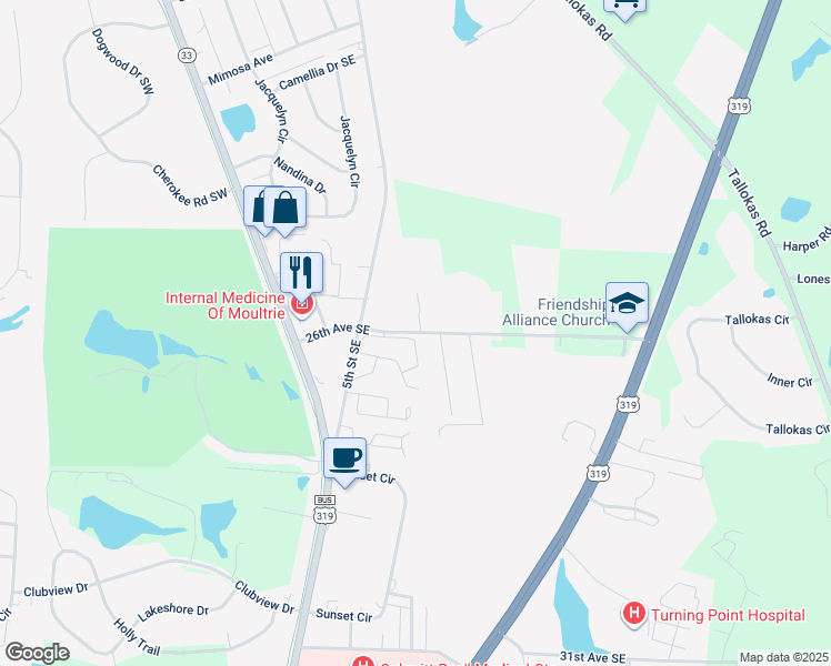 map of restaurants, bars, coffee shops, grocery stores, and more near 735 26th Avenue Southeast in Moultrie