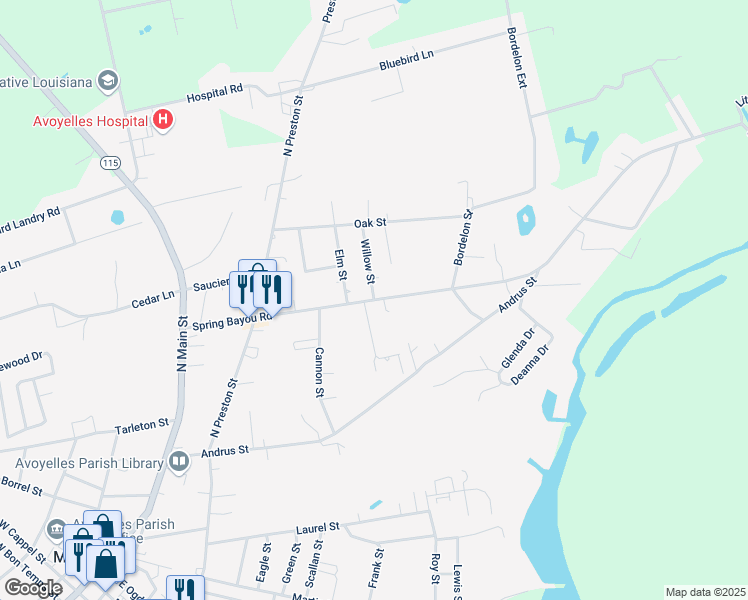 map of restaurants, bars, coffee shops, grocery stores, and more near 408 Spring Bayou Road in Marksville