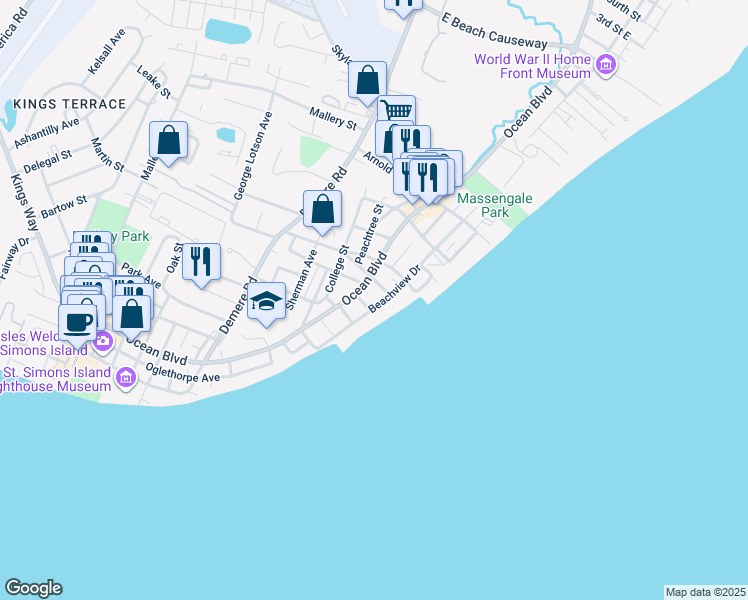 map of restaurants, bars, coffee shops, grocery stores, and more near 2204 Brighton Place in St. Simons Island