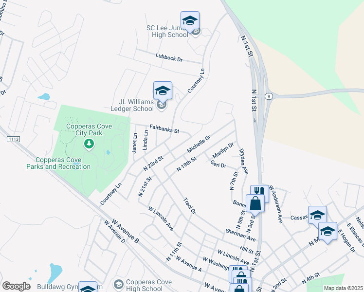 map of restaurants, bars, coffee shops, grocery stores, and more near 810 North 23rd Street in Copperas Cove