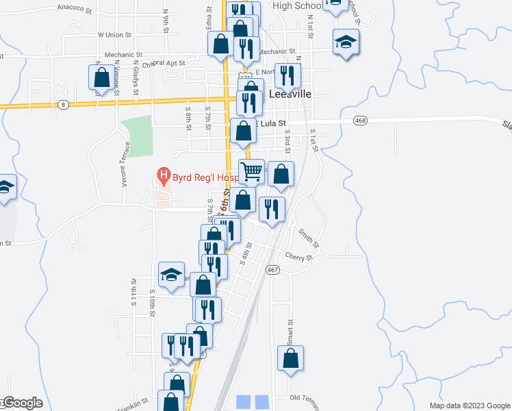 map of restaurants, bars, coffee shops, grocery stores, and more near 107 East Arkansas Street in Leesville