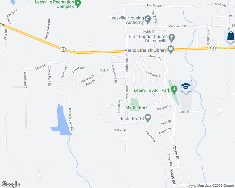 map of restaurants, bars, coffee shops, grocery stores, and more near 1064 Westwood Drive in Leesville